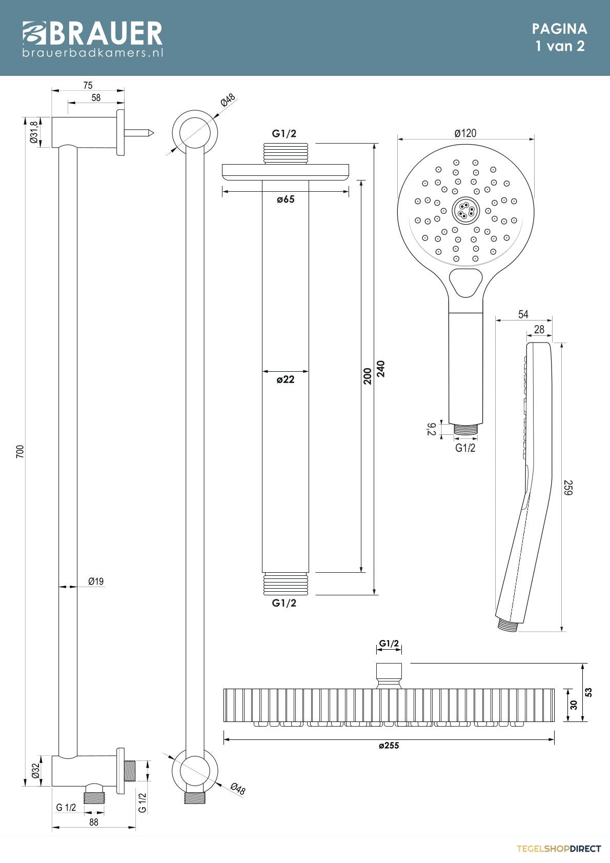 Brauer Stripe thermostatische inbouw regendouche met drukknoppen SET 36 met 25 cm douchekop en plafondarm en 3-standen handdouche en doucheslang en geintegreerde glijstang chroom – afbeelding 9