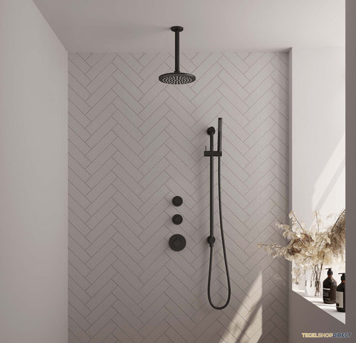 Regendoucheset Inbouw Brauer Black Carving Thermostatisch 20cm met Plafondarm, Glijstang en Handdouche Staaf Losse Stopkranen Mat Zwart
