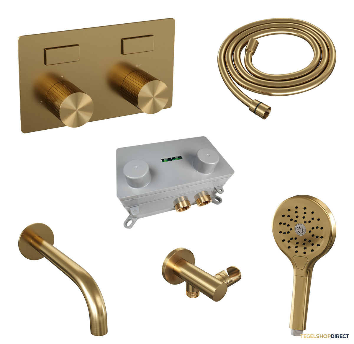 Brauer Stripe thermostatische inbouw badkraan met drukknoppen SET 04 met uitloop en 3-standen handdouche en doucheslang en wandaansluitbocht goud geborsteld PVD – afbeelding 2