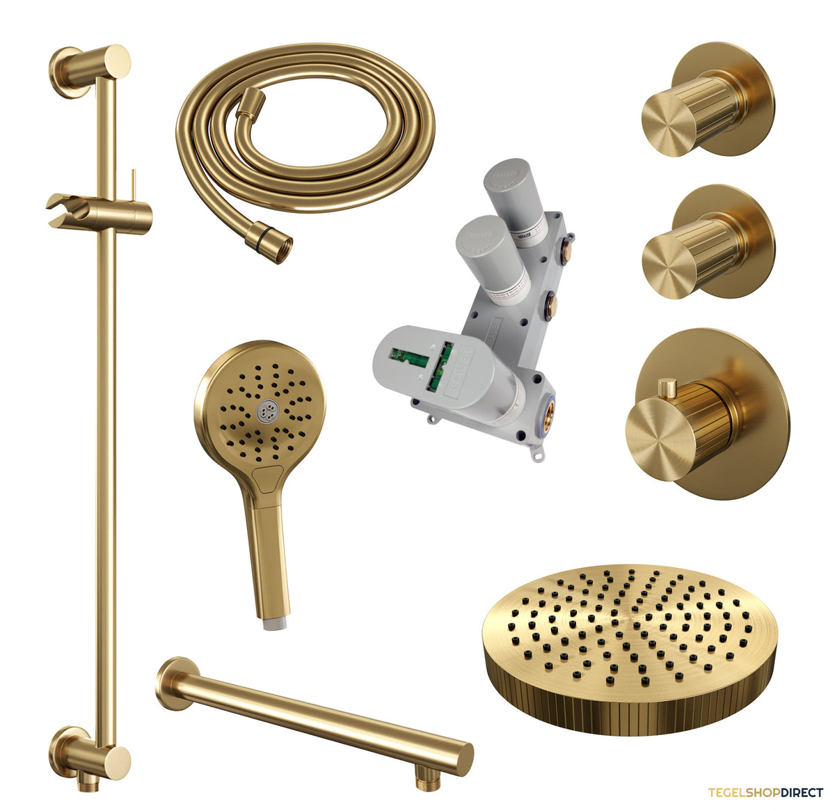Brauer Stripe thermostatische inbouw regendouche SET 10 met 25 cm douchekop en rechte muurarm en 3-standen handdouche en doucheslang en geintegreerde glijstang goud geborsteld PVD – afbeelding 3
