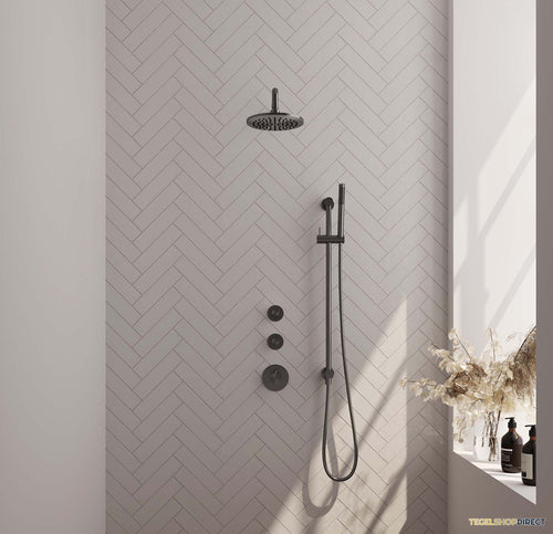 Regendoucheset Inbouw Brauer Gunmetal Carving Thermostatisch 20cm Gebogen Wandarm Glijstang en Handdouche Staaf Losse Stopkranen Geborsteld Gunmetal