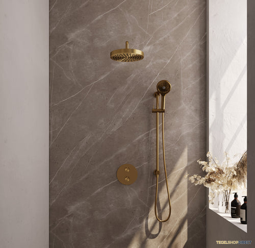 Brauer Stripe thermostatische inbouw regendouche 3-weg rond SET 47 met 25 cm douchekop en gebogen muurarm en 3-standen handdouche en doucheslang en geintegreerde glijstang goud geborsteld PVD