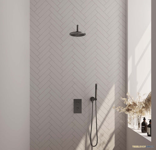 Regendoucheset Inbouw Brauer Gunmetal Carving Thermostatisch 20cm met 3-Weg Omstelling, Gebogen Wandarm en Staaf Handdouche Geborsteld Gunmetal