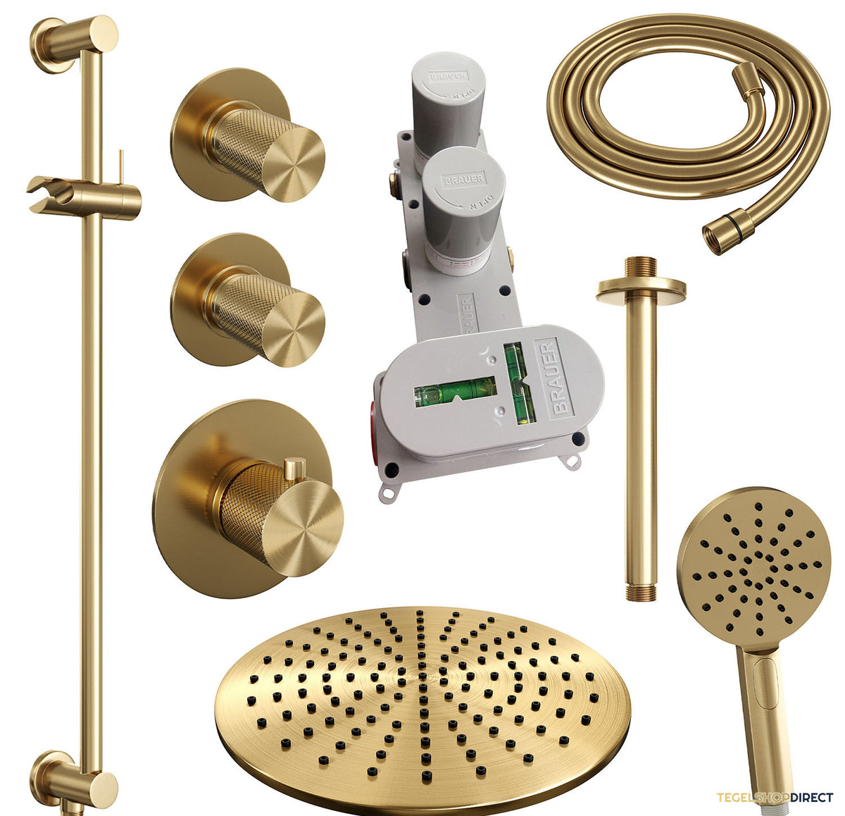 Regendoucheset Inbouw Brauer Gold Carving Thermostatisch 30cm met Plafondarm, Glijstang en Handdouche 3-Standen Geborsteld Goud – afbeelding 4