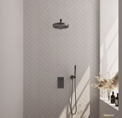 Brauer Stripe thermostatische inbouw regendouche 3-weg rechthoekig SET 13 met 25 cm douchekop en rechte muurarm en staaf handdouche en doucheslang en wandaansluitbocht gunmetal geborsteld PVD