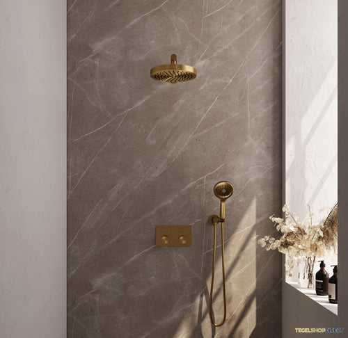 Brauer Stripe thermostatische inbouw regendouche met drukknoppen SET 28 met 25 cm douchekop en rechte muurarm en 3-standen handdouche en doucheslang en wandaansluitbocht goud geborsteld PVD