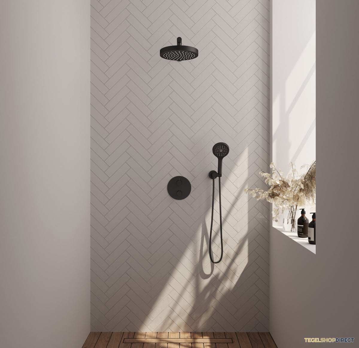 Brauer Stripe thermostatische inbouw regendouche 3-weg rond SET 40 met 25 cm douchekop en rechte muurarm en 3-standen handdouche en doucheslang en wandaansluitbocht mat zwart – afbeelding 2