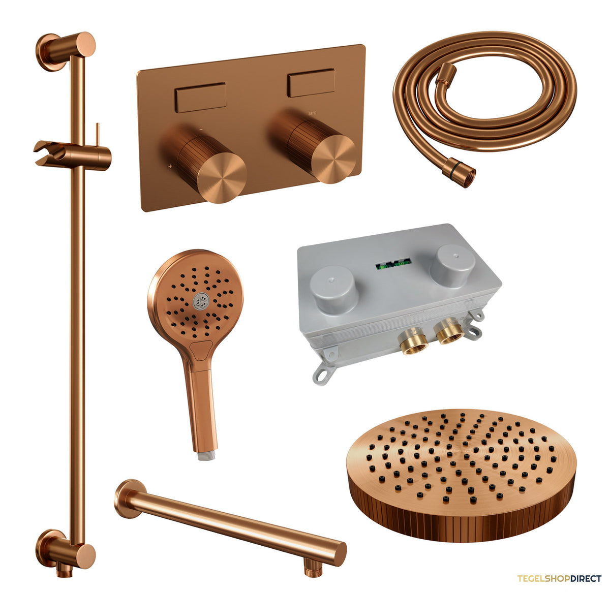 Brauer Stripe thermostatische inbouw regendouche met drukknoppen SET 34 met 25 cm douchekop en rechte muurarm en 3-standen handdouche en doucheslang en geintegreerde glijstang koper geborsteld PVD – afbeelding 3