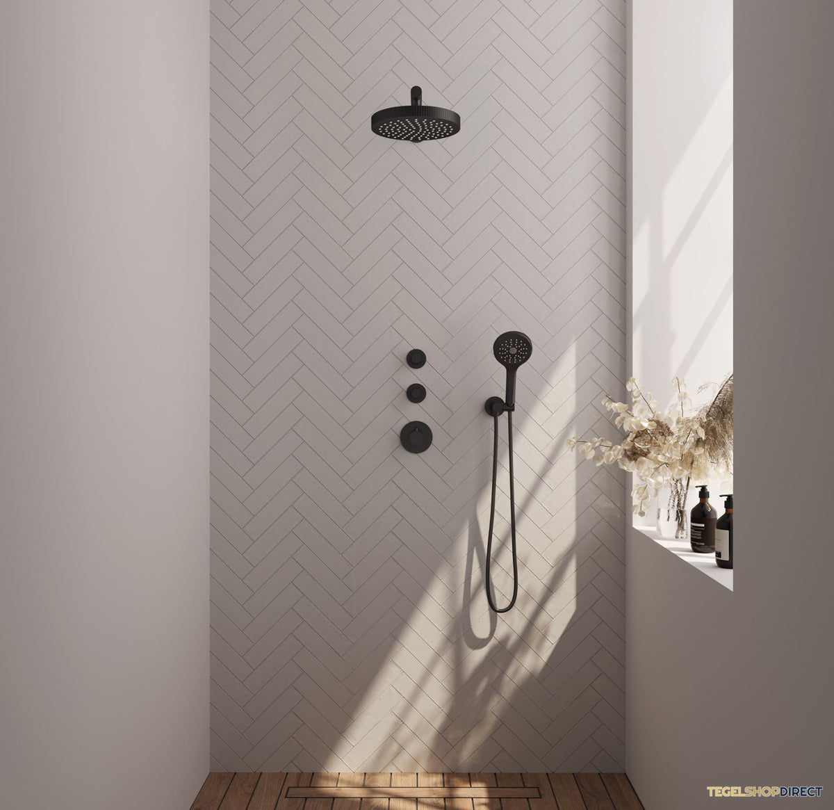 Brauer Stripe thermostatische inbouw regendouche SET 04 met 25 cm douchekop en rechte muurarm en 3-standen handdouche en doucheslang en wandaansluitbocht mat zwart – afbeelding 2