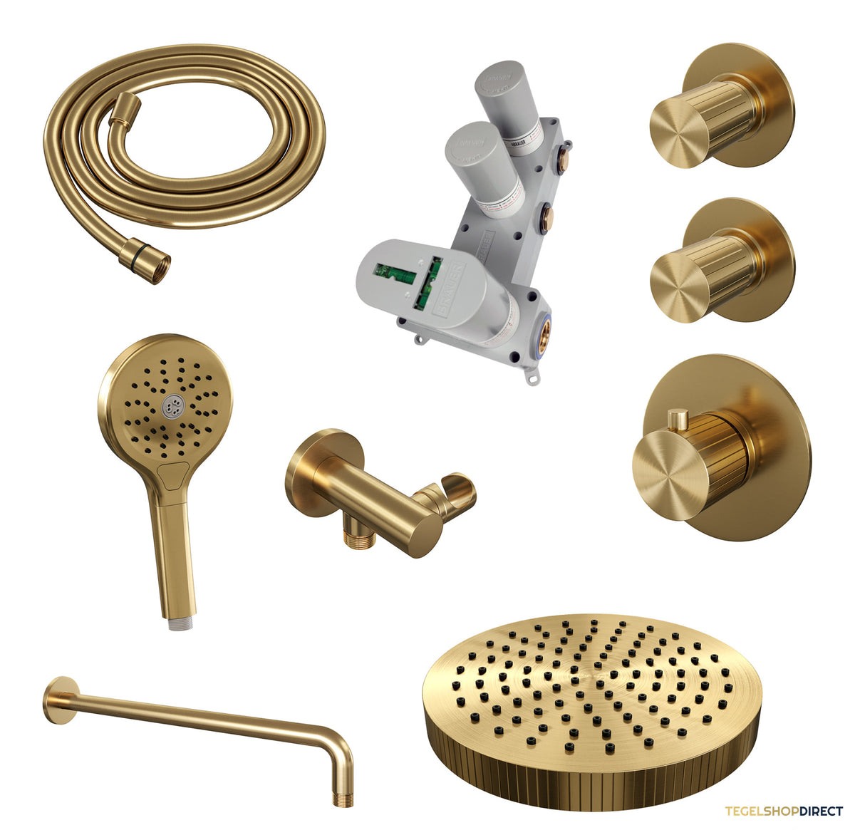 Brauer Stripe thermostatische inbouw regendouche SET 05 met 25 cm douchekop en gebogen muurarm en 3-standen handdouche en doucheslang en wandaansluitbocht goud geborsteld PVD – afbeelding 3