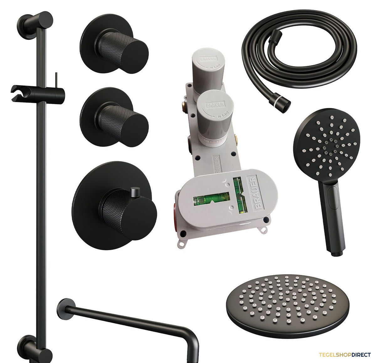 Regendoucheset Inbouw Brauer Black Carving Thermostatisch 20cm met Gebogen Wandarm, Glijstang en Handdouche 3-Standen Losse Stopkranen Mat Zwart – afbeelding 3