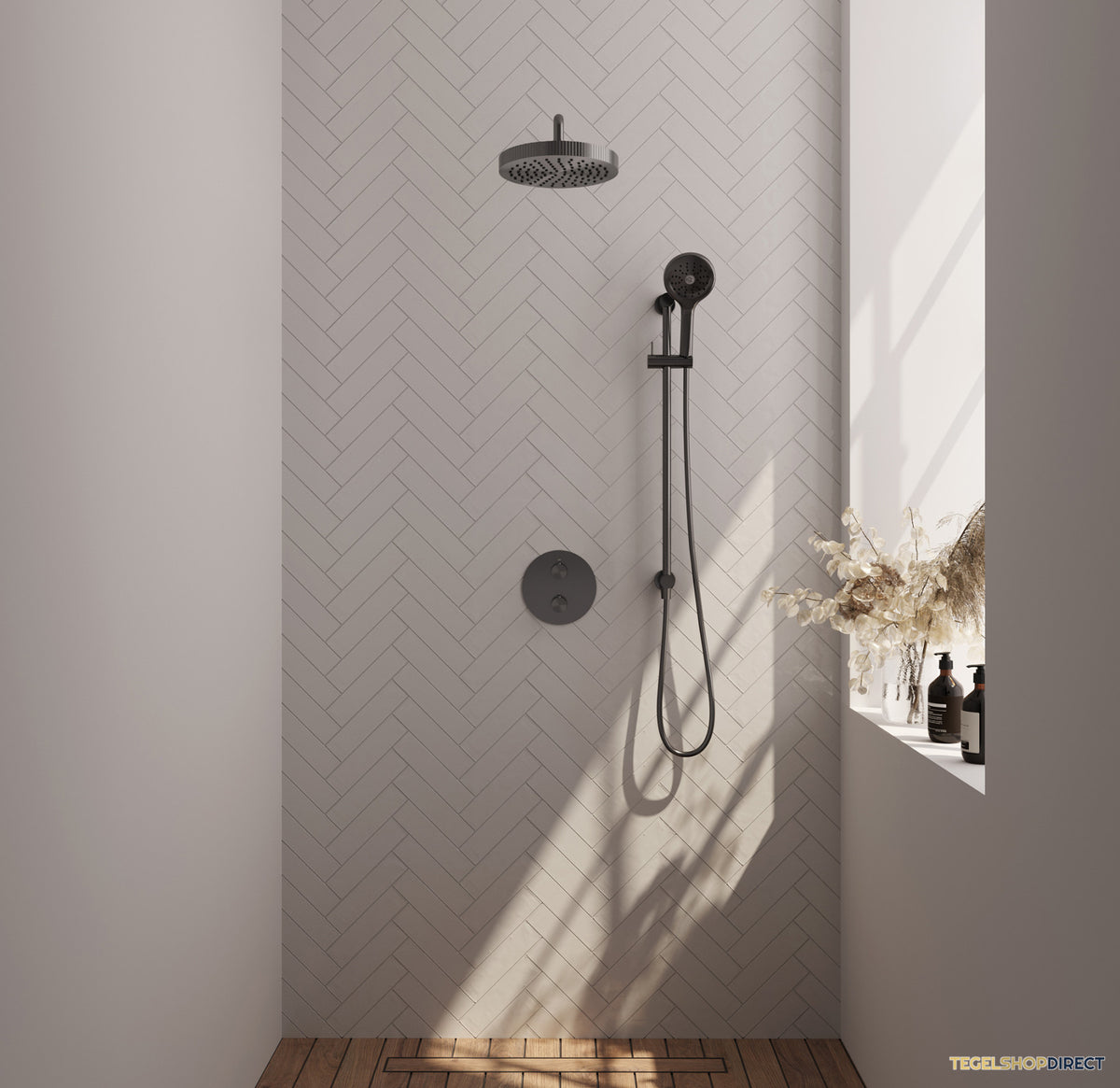 Brauer Stripe thermostatische inbouw regendouche 3-weg rond SET 47 met 25 cm douchekop en gebogen muurarm en 3-standen handdouche en doucheslang en geintegreerde glijstang gunmetal geborsteld PVD – afbeelding 2