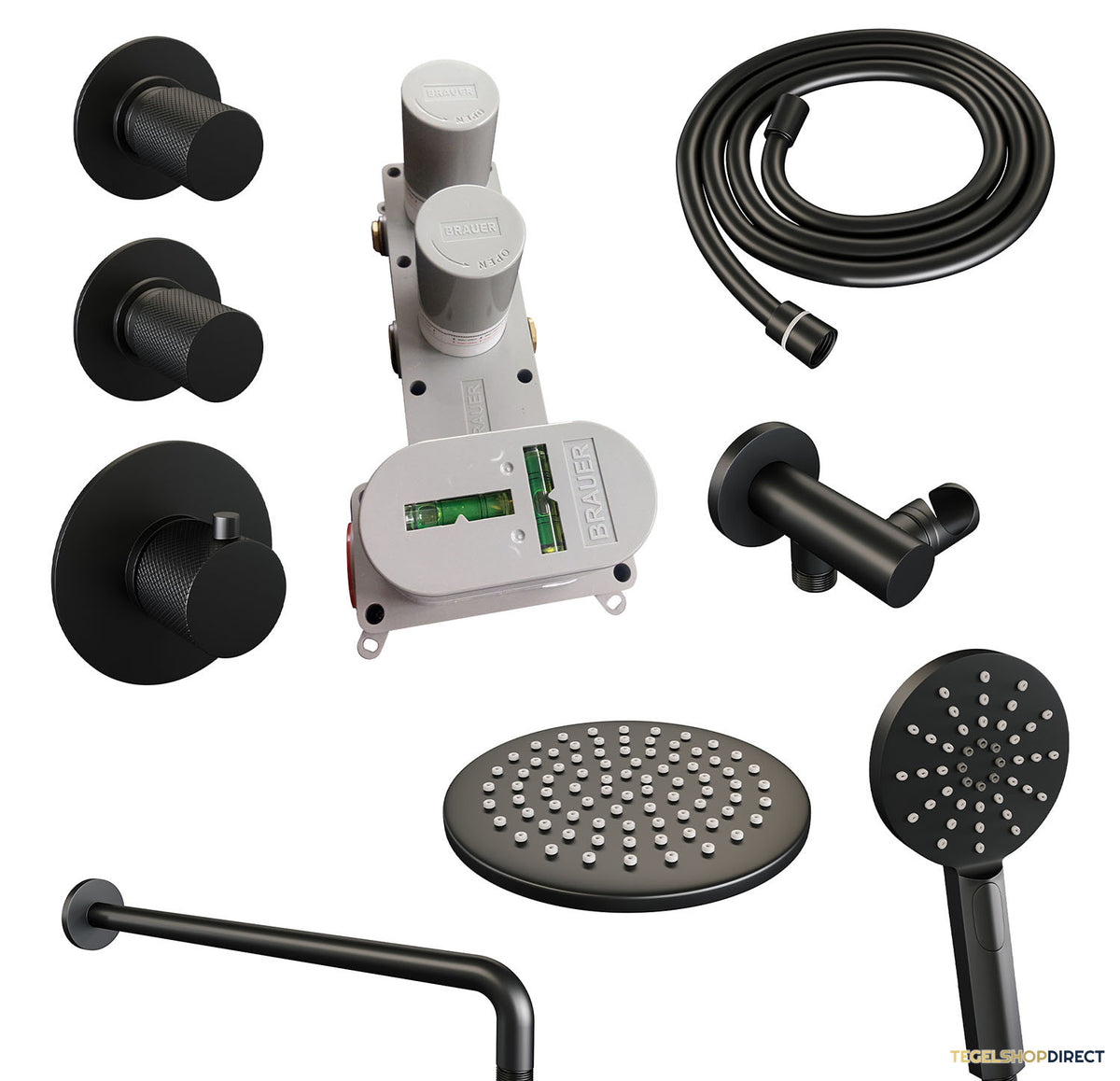 Regendoucheset Inbouw Brauer Black Carving Thermostatisch 20cm met Gebogen Wandarm en Handdouche 3-Standen Losse Stopkranen Mat Zwart – afbeelding 3