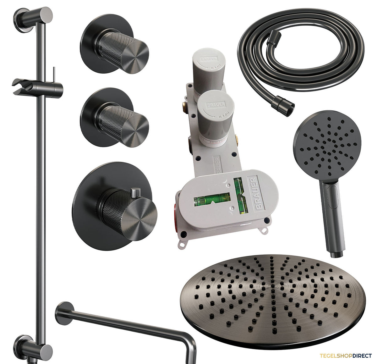 Regendoucheset Inbouw Brauer Gunmetal Carving Thermostatisch 30cm met Gebogen Wandarm, Glijstang en Handdouche 3-Standen Geborsteld Gunmetal – afbeelding 4