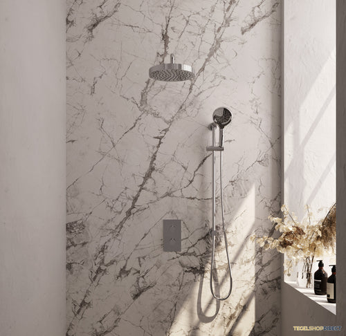 Brauer Stripe thermostatische inbouw regendouche 3-weg rechthoekig SET 23 met 25 cm douchekop en gebogen muurarm en 3-standen handdouche en doucheslang en geintegreerde glijstang chroom