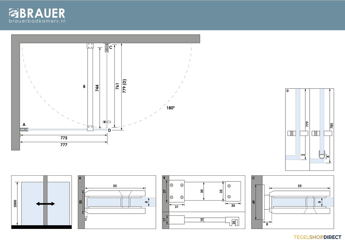 BRAUER Void douchecabine met draaideur helder glas 80x80x200 incl. glascoating PVD RVS-kleurig geborsteld – afbeelding 7