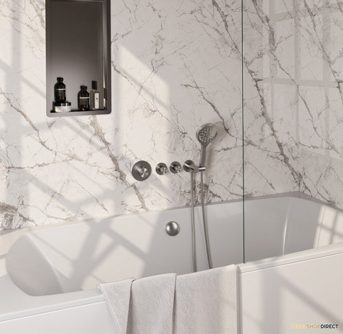 Brauer Stripe thermostatische inbouw badkraan SET 02 met badvulcombinatie en 3-standen handdouche en doucheslang en wandaansluitbocht RVS-kleurig geborsteld PVD