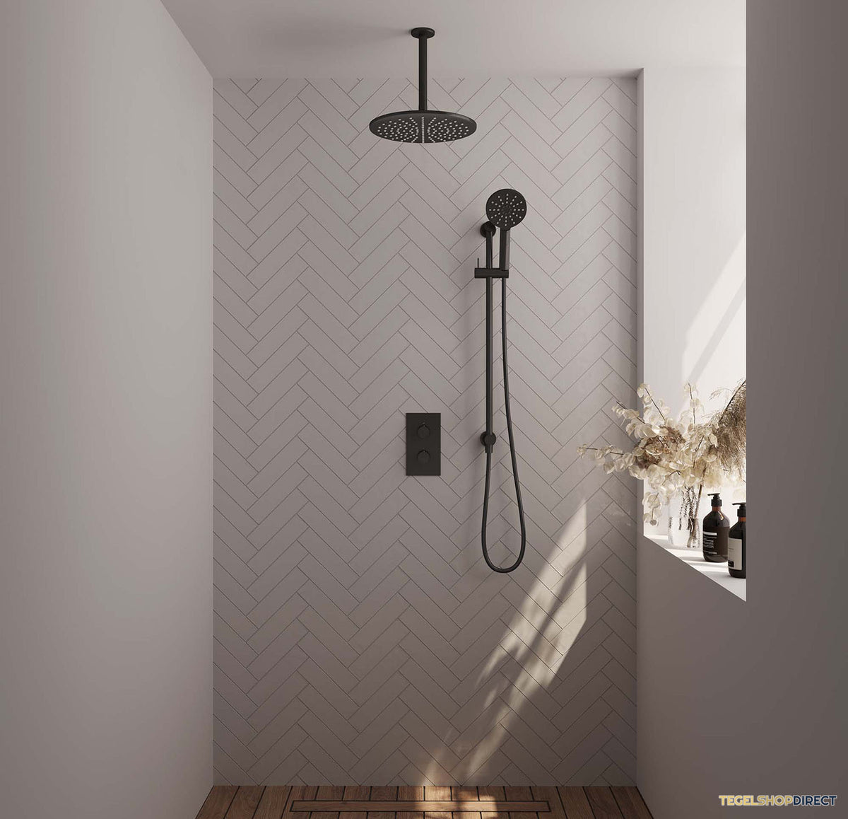 Regendoucheset Inbouw Brauer Black Carving Thermostatisch 30cm met 3-Weg Omstelling, Plafondarm, Glijstang en Handdouche 3-Standen Mat Zwart – afbeelding 2