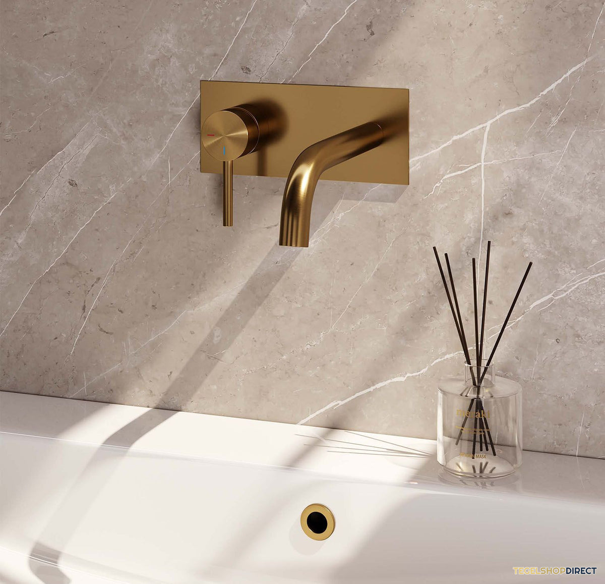Inbouw Wastafelmengkraan Brauer Gold Edition Coldstart Gebogen Uitloop Ronde Hendel Links Geborsteld Goud PVD Met Afdekplaat – afbeelding 2