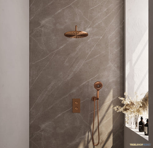 Regendoucheset Inbouw Brauer Copper Carving Thermostatisch 30cm met 3-Weg Omstelling, Gebogen Wandarm en 3-Standen Handdouche Geborsteld Koper