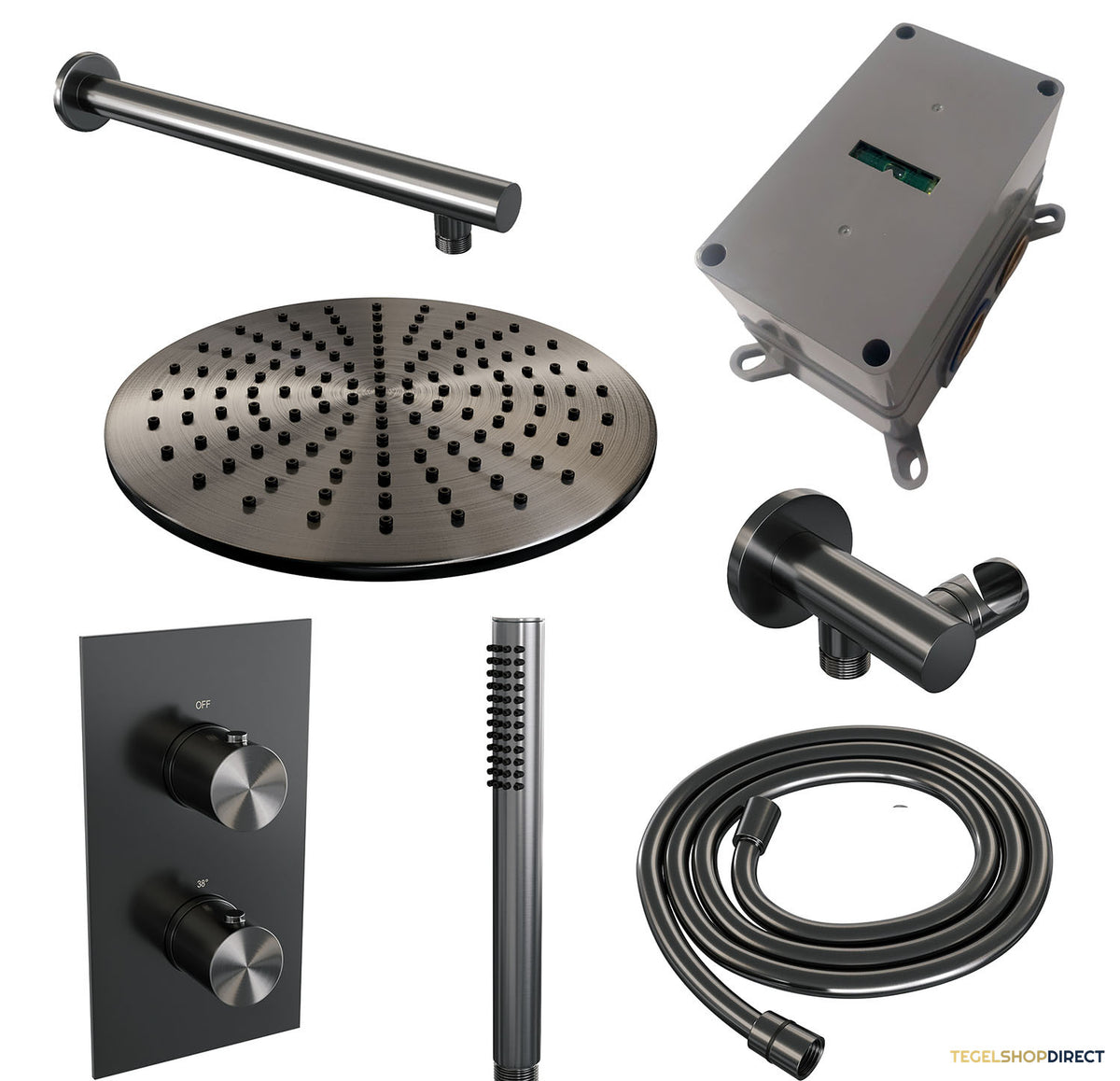 Regendoucheset Inbouw Brauer Gunmetal Edition Thermostatisch 30cm met 3-Weg Omstelling, Wandarm en Staaf Handdouche Geborsteld Gunmetal – afbeelding 3