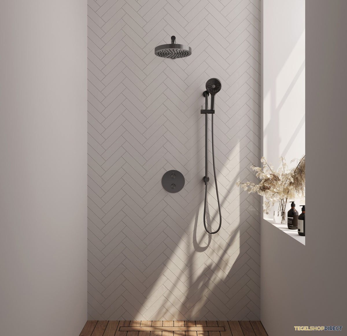 Brauer Stripe thermostatische inbouw regendouche 3-weg rond SET 46 met 25 cm douchekop en rechte muurarm en 3-standen handdouche en doucheslang en geintegreerde glijstang gunmetal geborsteld PVD – afbeelding 2