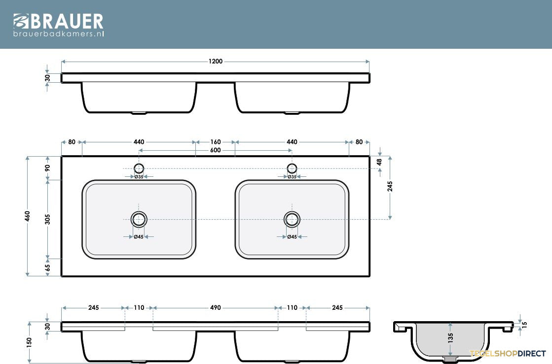 BRAUER Dune Medium wastafel 120 cm met 2 wasbakken en 2 kraangaten Sintered Stone Ivory Travertin – afbeelding 5