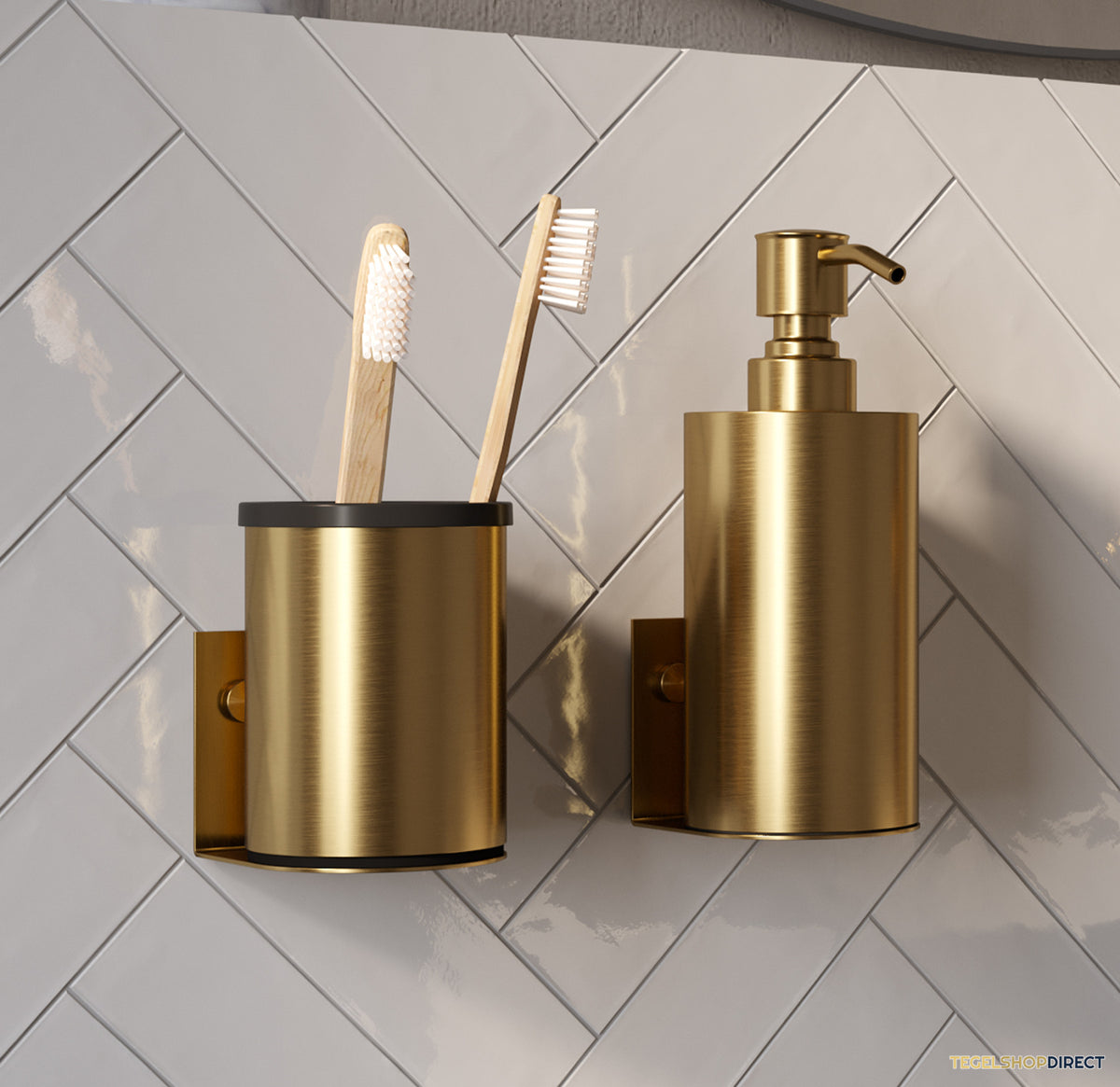 Zeepdispenser en Beker BRAUER Model A Incl. Wand Ophanging en Magnetisch opzetvlak Geborsteld Goud – afbeelding 2