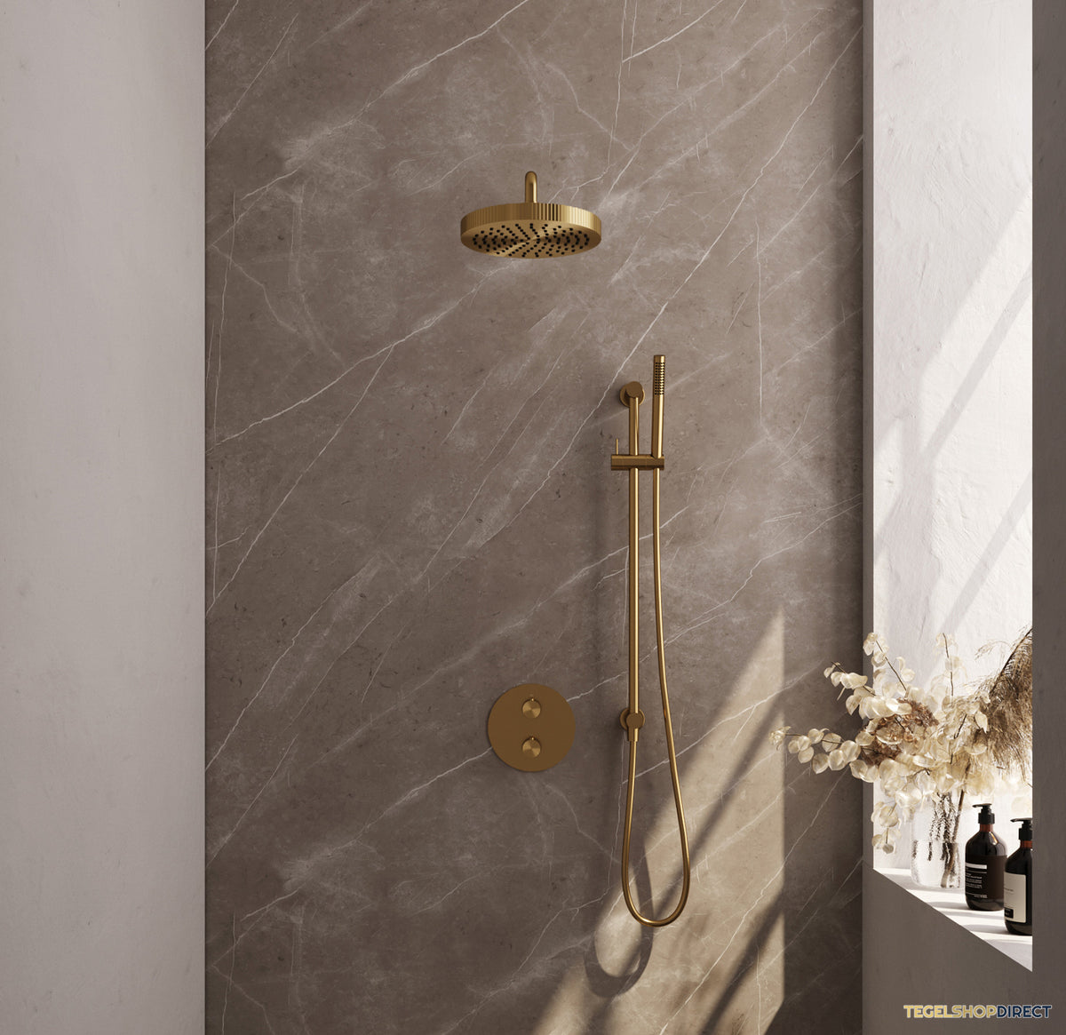 Brauer Stripe thermostatische inbouw regendouche 3-weg rond SET 44 met 25 cm douchekop en gebogen muurarm en staaf handdouche en doucheslang en geintegreerde glijstang goud geborsteld PVD