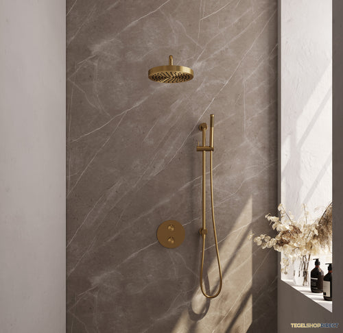 Brauer Stripe thermostatische inbouw regendouche 3-weg rond SET 44 met 25 cm douchekop en gebogen muurarm en staaf handdouche en doucheslang en geintegreerde glijstang goud geborsteld PVD