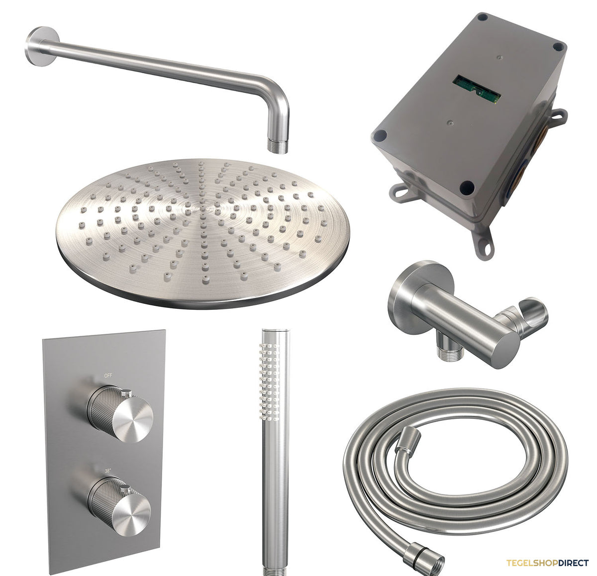 Regendoucheset Inbouw Brauer Brushed Carving Thermostatisch 30cm met 3-Weg Omstelling, Gebogen Wandarm en Staaf Handdouche Geborsteld RVS – afbeelding 3