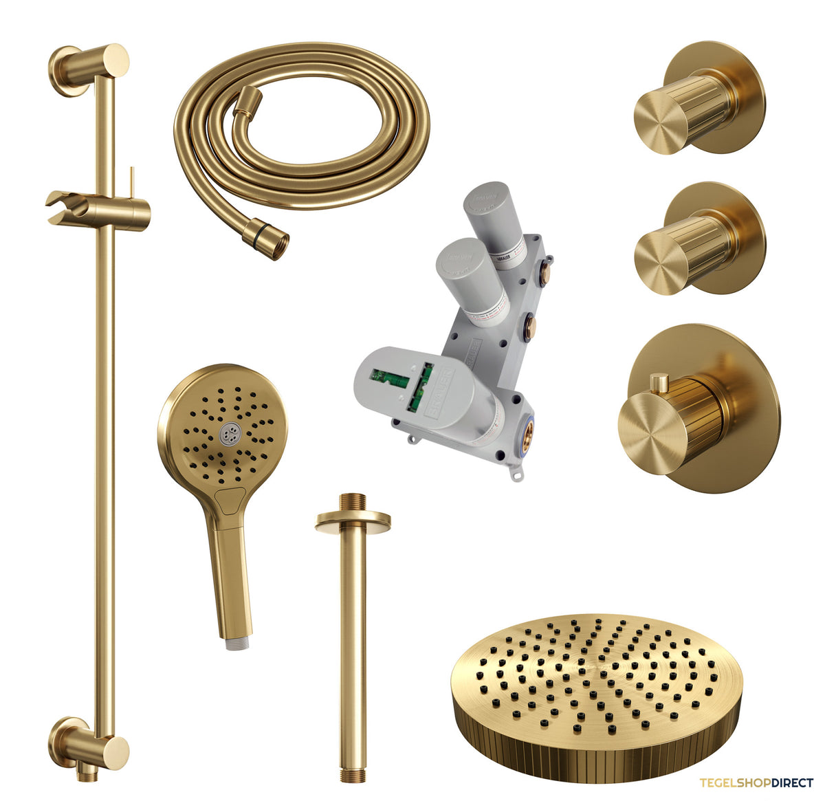 Brauer Stripe thermostatische inbouw regendouche SET 12 met 25 cm douchekop en plafondarm en 3-standen handdouche en doucheslang en geintegreerde glijstang goud geborsteld PVD – afbeelding 3