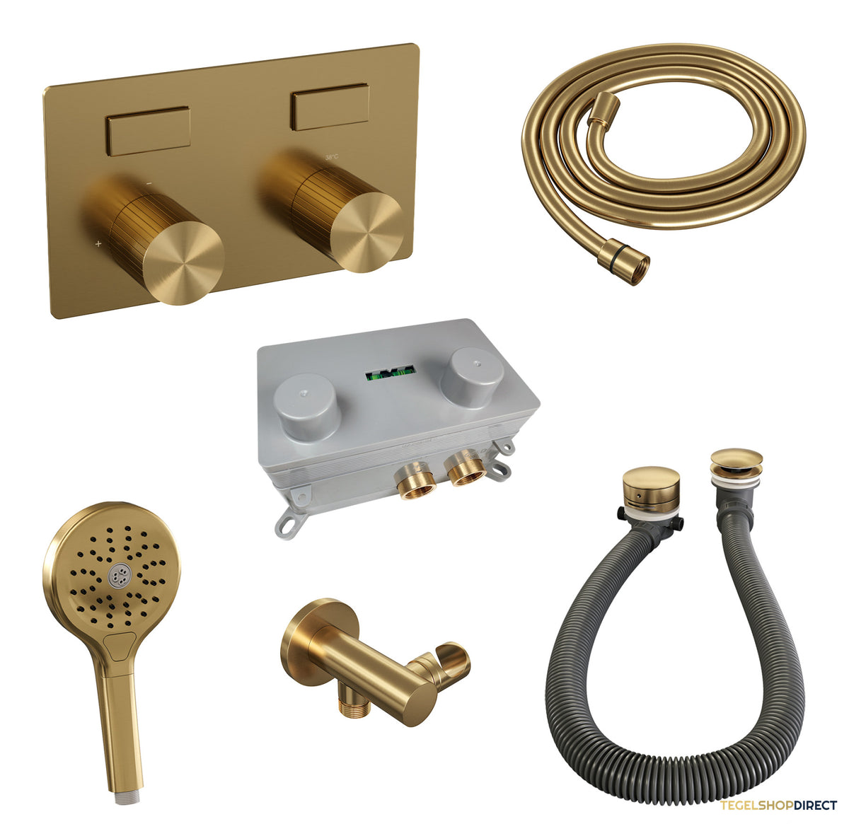 Brauer Stripe thermostatische inbouw badkraan met drukknoppen SET 03 met badvulcombinatie en staaf handdouche en doucheslang en wandaansluitbocht goud geborsteld PVD – afbeelding 2