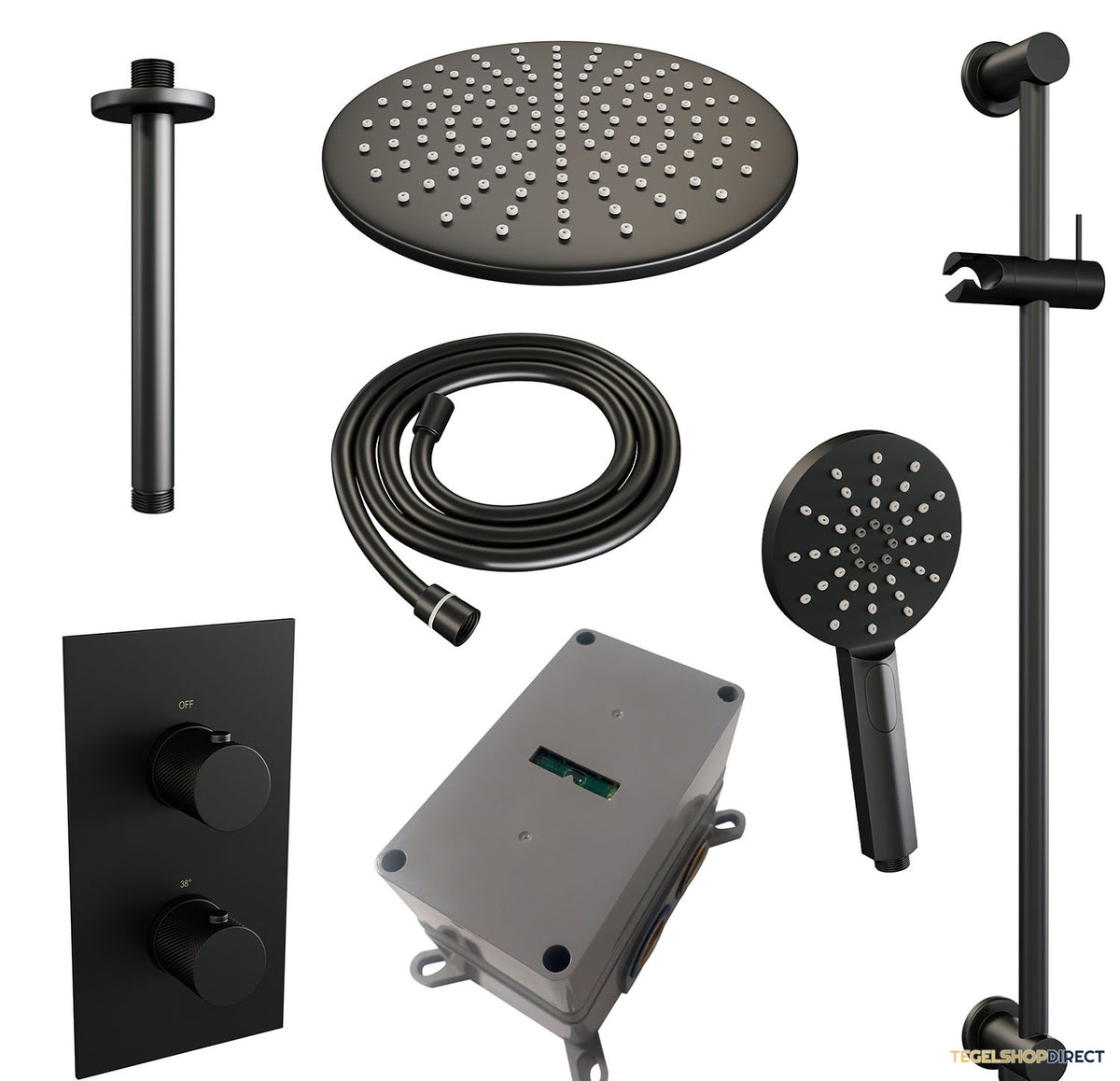Regendoucheset Inbouw Brauer Black Carving Thermostatisch 30cm met 3-Weg Omstelling, Plafondarm, Glijstang en Handdouche 3-Standen Mat Zwart – afbeelding 3