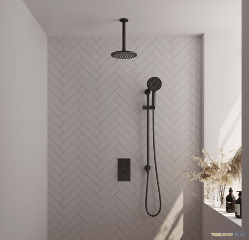 Inbouw Regendouche Set Brauer Black Edition Plafond Uitloop Ronde Hoofddouche 20 cm Met Glijstang en Handdouche 3 Standen Mat Zwart