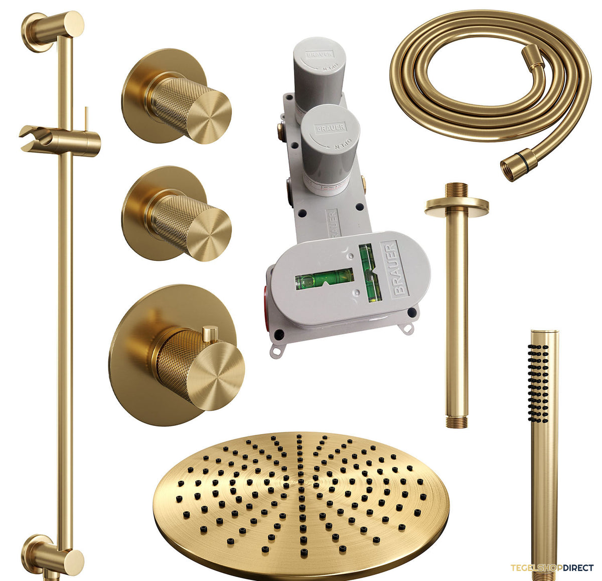BRAUER Gold Carving thermostatische inbouw regendouche SET 18 met 30 cm douchekop en plafondarm en staaf handdouche en doucheslang en ge – afbeelding 4