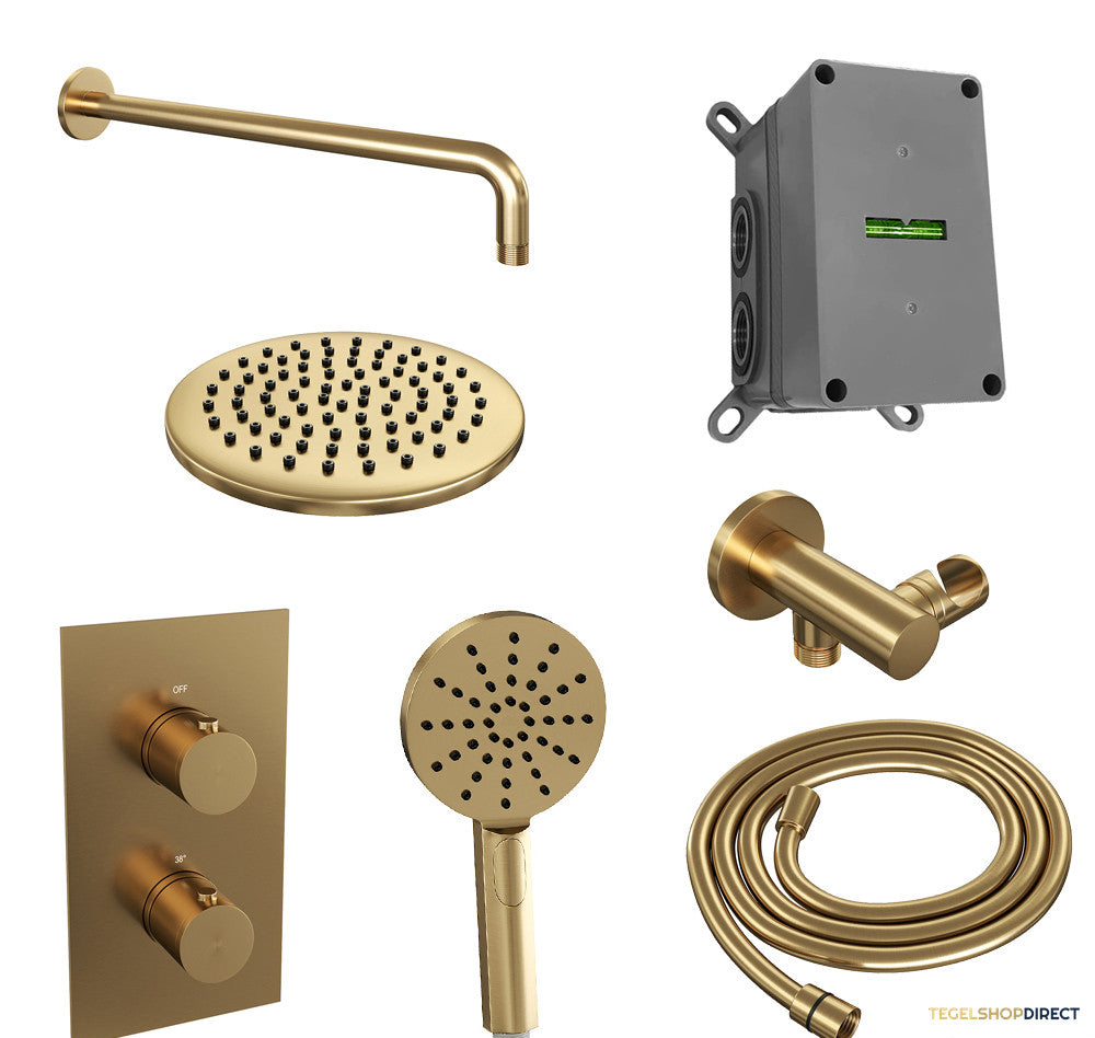 Regendoucheset Inbouw Brauer Gold Edition Thermostatisch 20cm met 3-Weg Omstelling, Gebogen Wandarm en 3-Standen Handdouche Geborsteld Goud – afbeelding 2