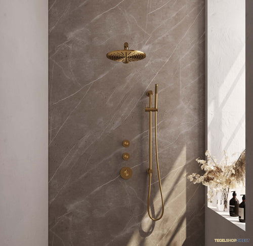 Regendoucheset Inbouw Brauer Gold Edition Thermostatisch 30cm met Wandarm, Glijstang en Handdouche Staaf Losse Stopkranen Geborsteld Goud