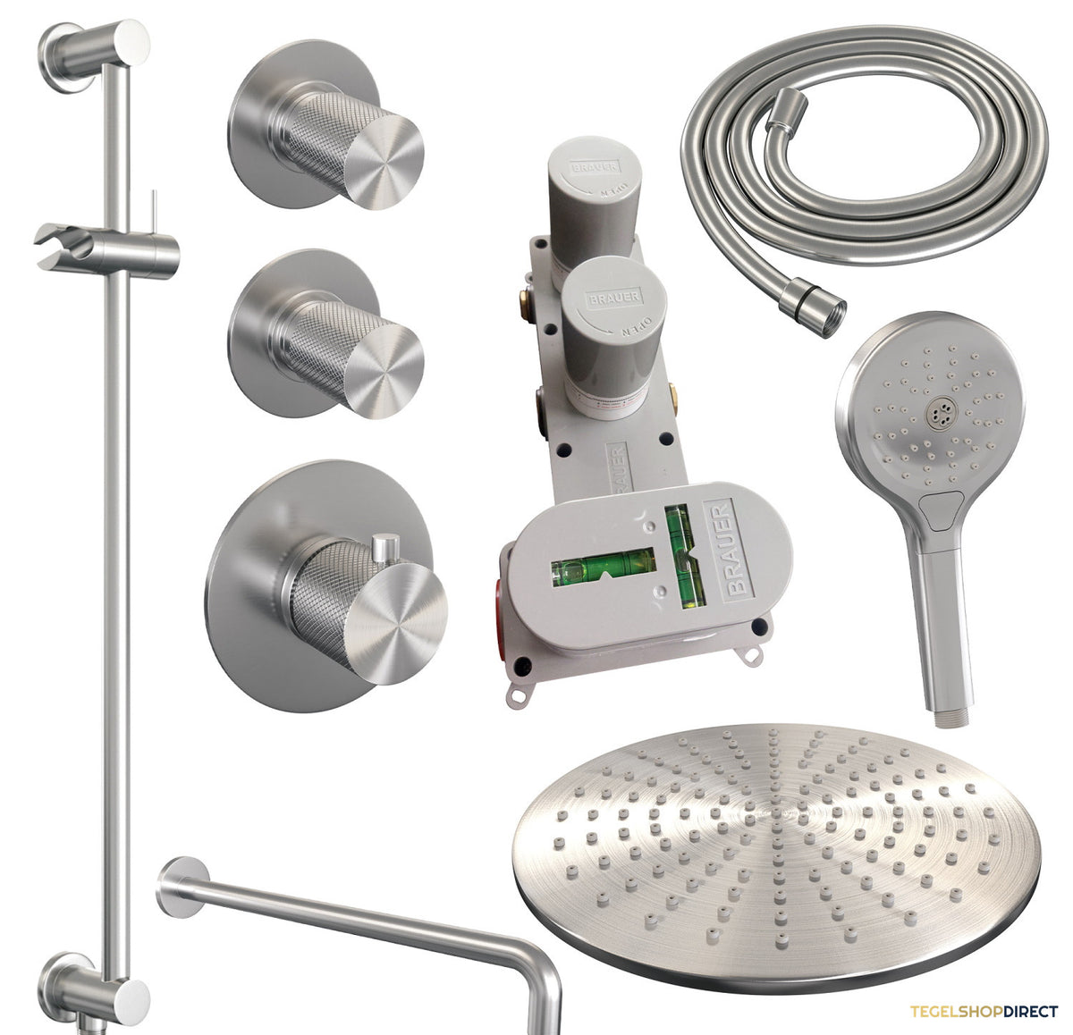 Regendoucheset Inbouw Brauer Brushed Carving Thermostatisch 30cm met Gebogen Wandarm, Glijstang en Handdouche 3-Standen Geborsteld RVS – afbeelding 10