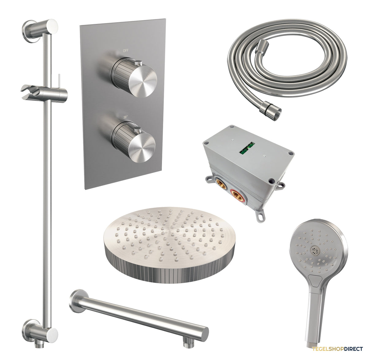 Brauer Stripe thermostatische inbouw regendouche 3-weg rechthoekig SET 22 met 25 cm douchekop en rechte muurarm en 3-standen handdouche en doucheslang en geintegreerde glijstang RVS-kleurig geborsteld PVD – afbeelding 3