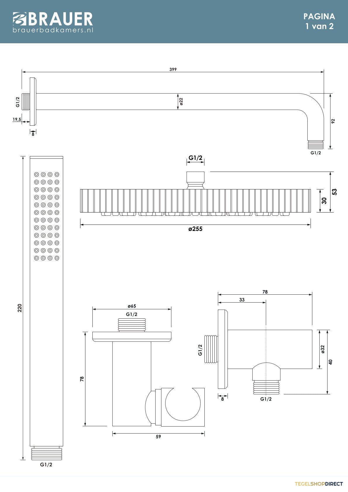 Brauer Stripe thermostatische inbouw regendouche SET 02 met 25 cm douchekop en gebogen muurarm en staaf handdouche en doucheslang en wandaansluitbocht mat zwart – afbeelding 9