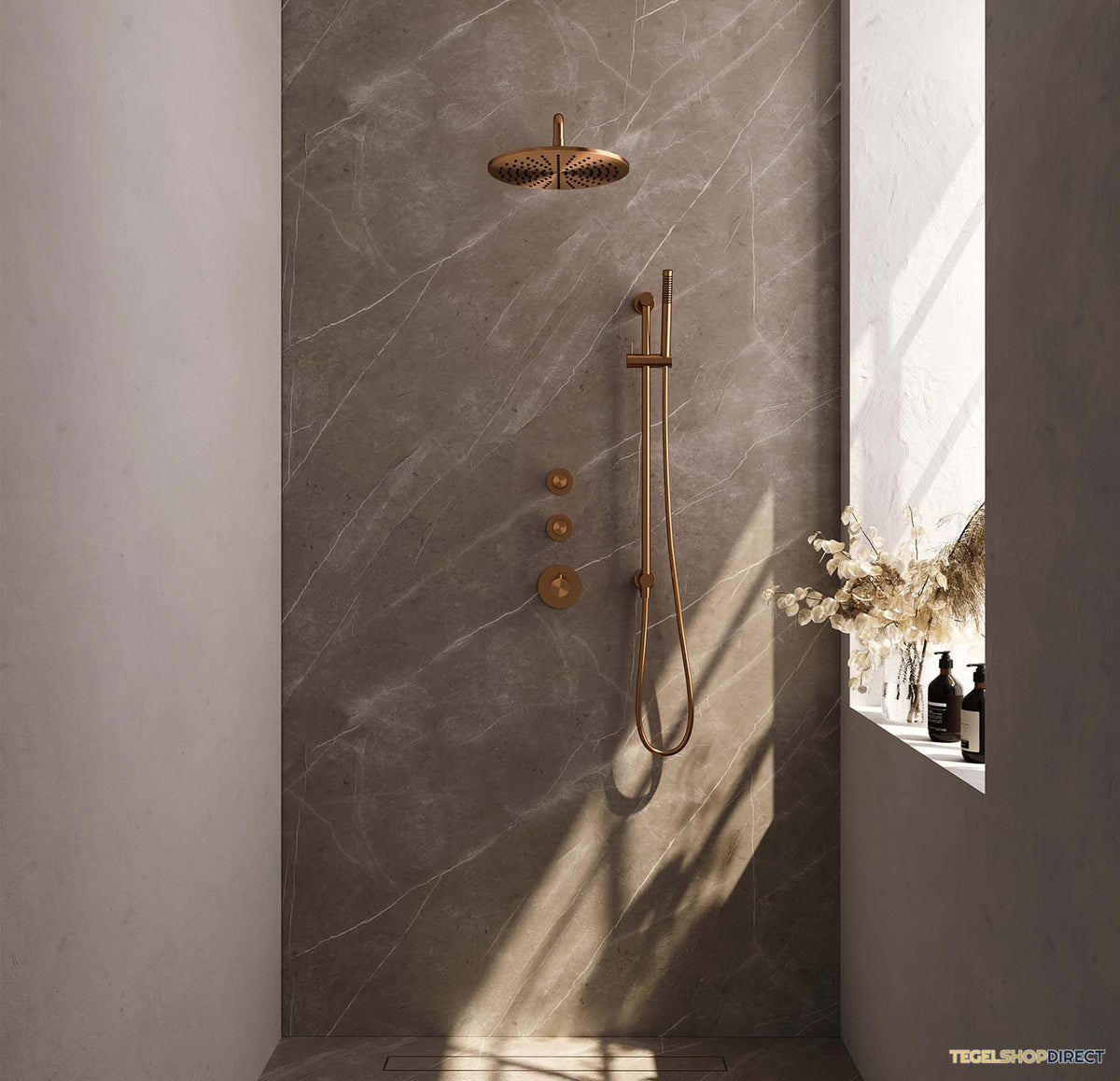 Regendoucheset Inbouw Brauer Copper Carving Thermostatisch 30cm met Gebogen Wandarm, Glijstang en Handdouche Staaf Losse Stopkranen Geborsteld Koper – afbeelding 2
