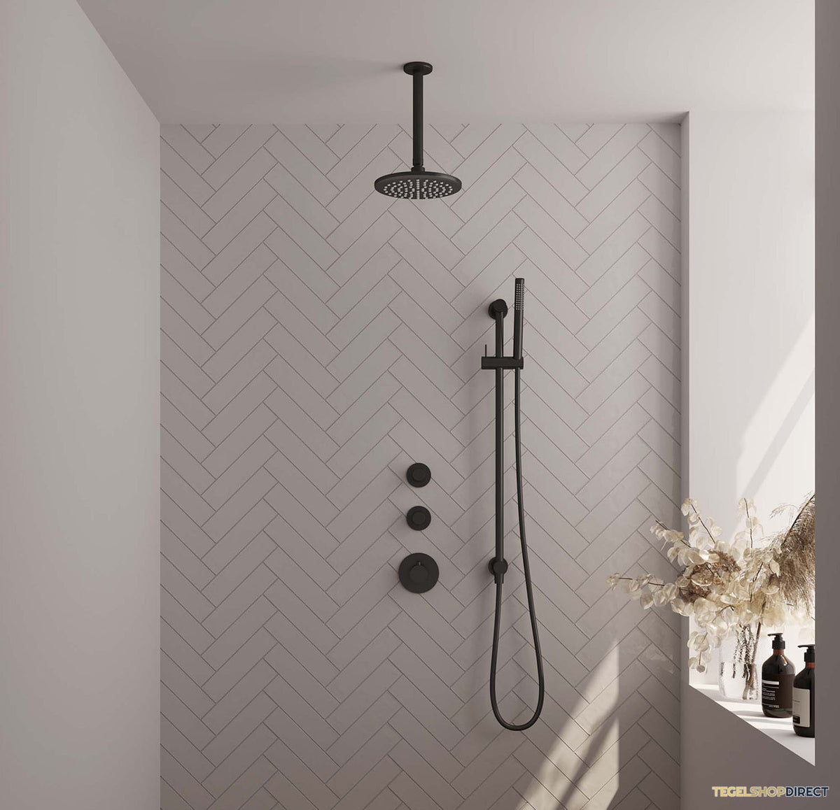 Thermostatisch Inbouwdoucheset Brauer Black 20cm Hoofddouche Plafondarm Staafhanddouche op Glijstang Mat Zwart