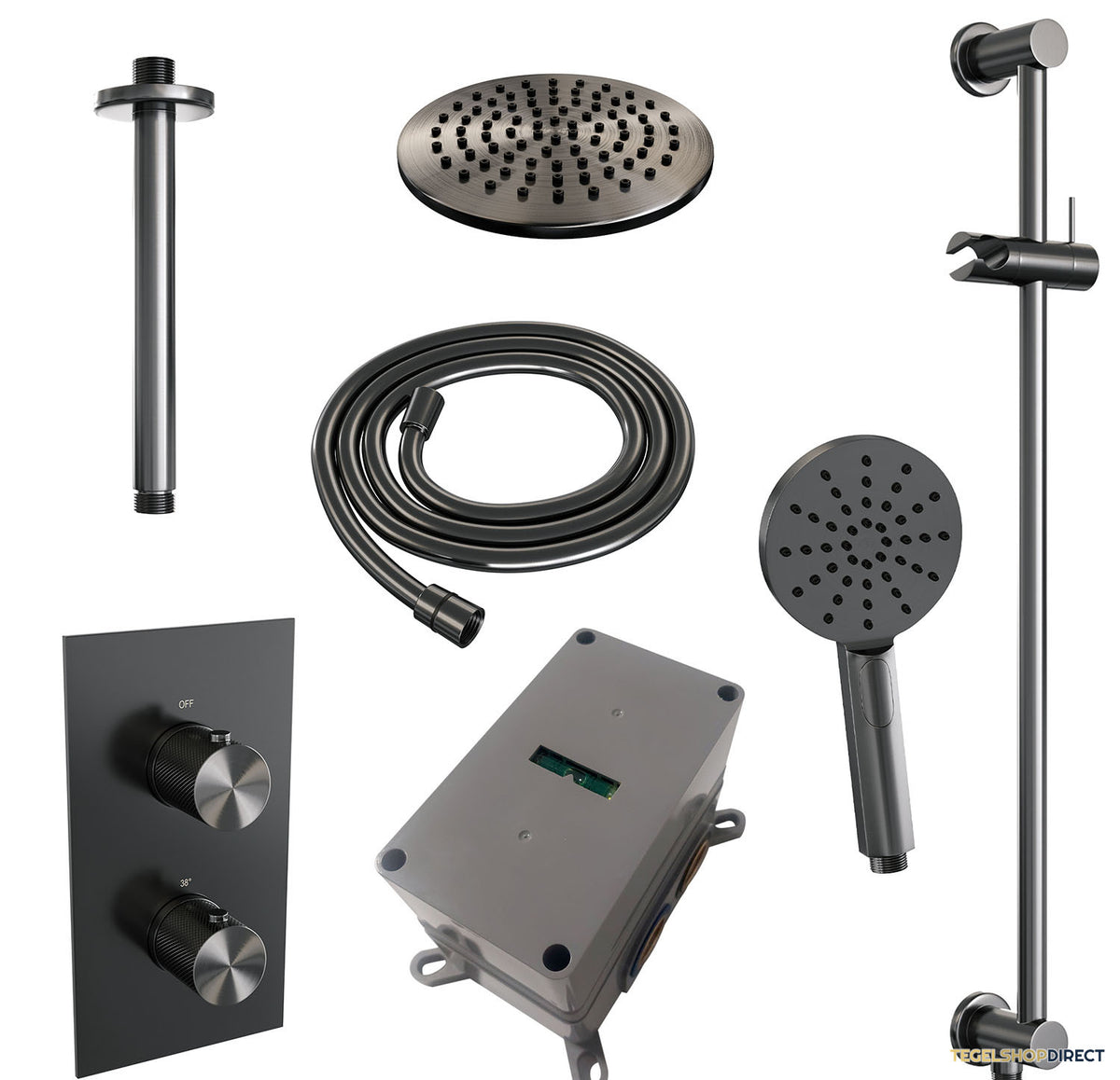 Regendoucheset Inbouw Brauer Gunmetal Carving Thermostatisch 20cm met 3-Weg Omstelling, Plafondarm, Glijstang en Handdouche 3-Standen Geborsteld Gunmetal – afbeelding 4