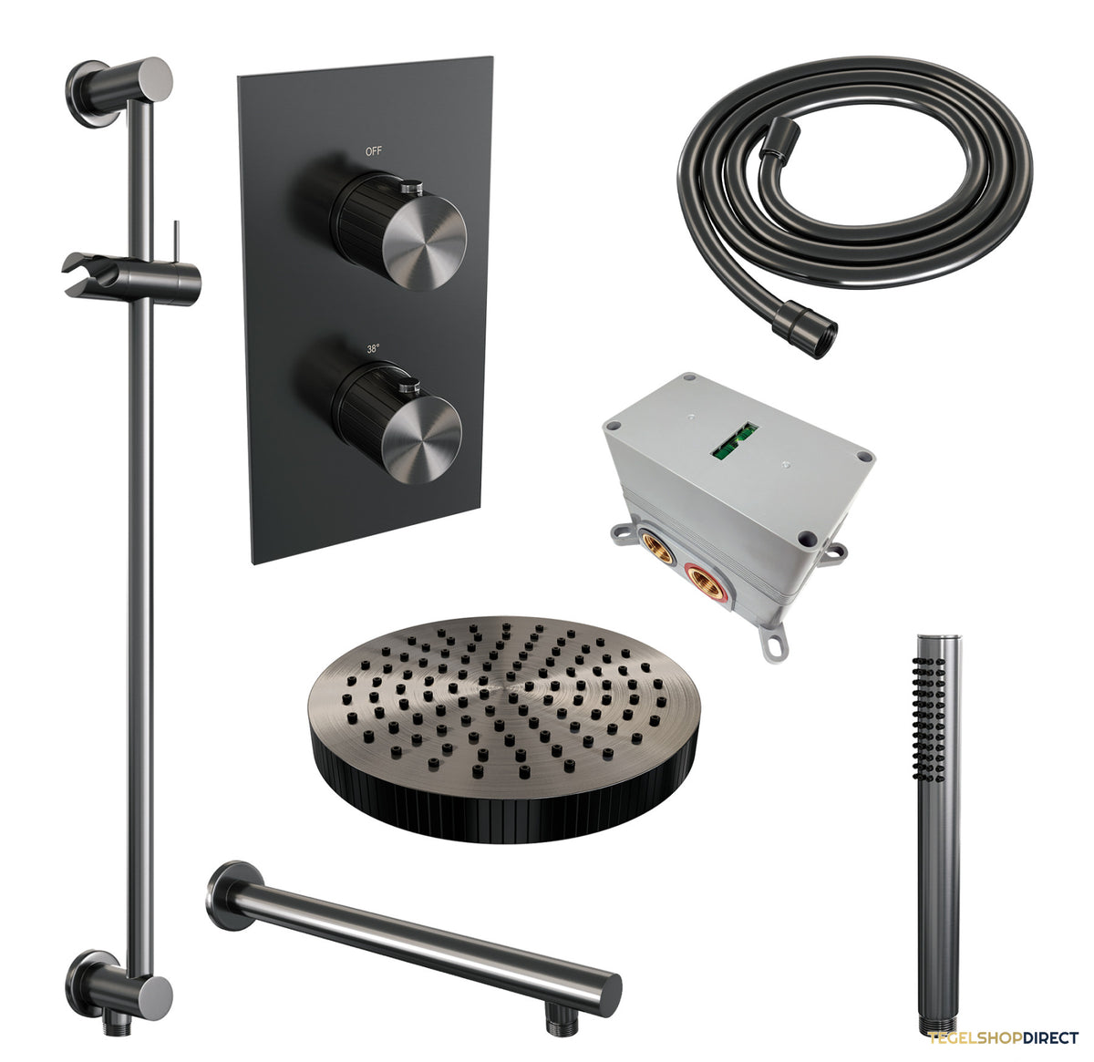 Brauer Stripe thermostatische inbouw regendouche 3-weg rechthoekig SET 19 met 25 cm douchekop en rechte muurarm en staaf handdouche en doucheslang en geintegreerde glijstang gunmetal geborsteld PVD – afbeelding 3