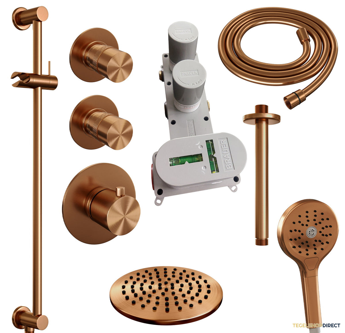 Thermostatisch Inbouwdoucheset Brauer Copper 20cm Hoofddouche Plafondarm 3 Standen Handdouche op Glijstang Koper – afbeelding 4
