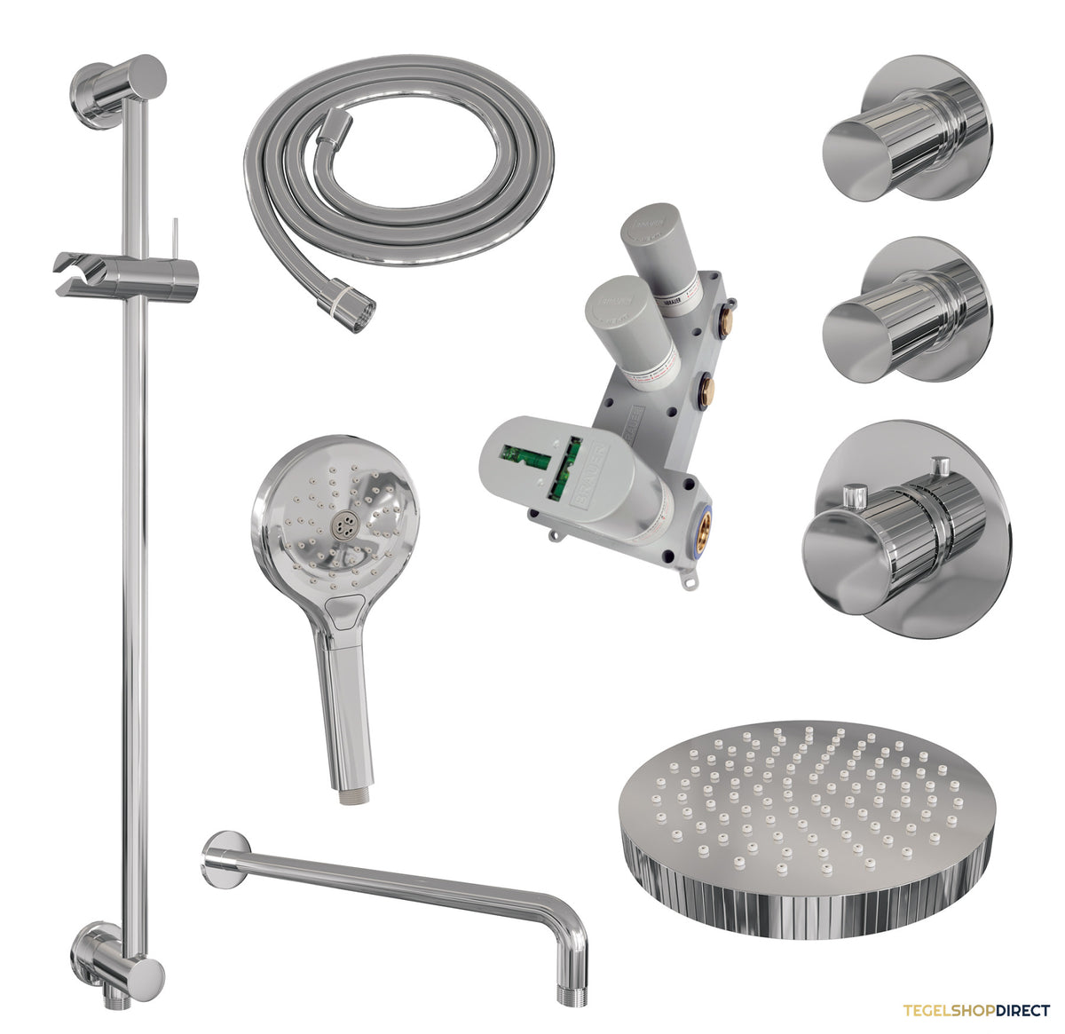 Brauer Stripe thermostatische inbouw regendouche SET 11 met 25 cm douchekop en gebogen muurarm en 3-standen handdouche en doucheslang en geintegreerde glijstang chroom – afbeelding 3