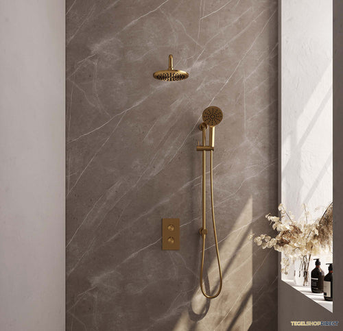 Regendoucheset Inbouw Brauer Gold Carving Thermostatisch 20cm met 3-Weg Omstelling, Gebogen Wandarm, Glijstang en Handdouche 3-Standen Geborsteld Goud