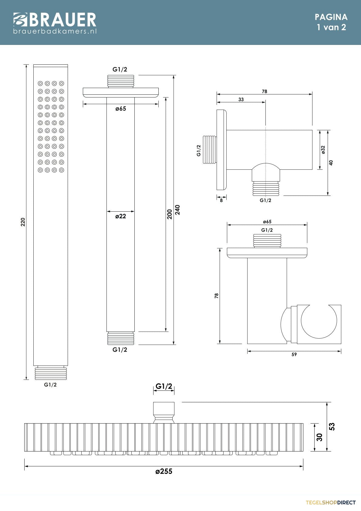 Brauer Stripe thermostatische inbouw regendouche SET 03 met 25 cm douchekop en plafondarm en staaf handdouche en doucheslang en wandaansluitbocht mat zwart – afbeelding 9