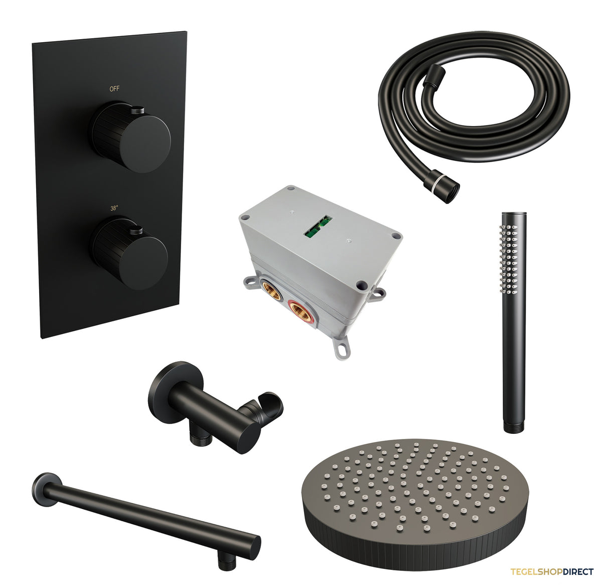 Brauer Stripe thermostatische inbouw regendouche 3-weg rechthoekig SET 13 met 25 cm douchekop en rechte muurarm en staaf handdouche en doucheslang en wandaansluitbocht mat zwart – afbeelding 3